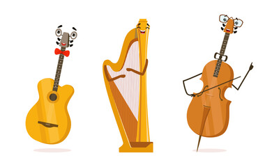 Funny Musical Instrument Cartoon Character with Smiling Face Vector Set © topvectors