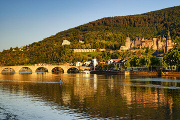 Fototapeta premium The historic city of Heidelberg with the castle, the Old Bridge, river Neckar and the Bridge Gate. Germany.