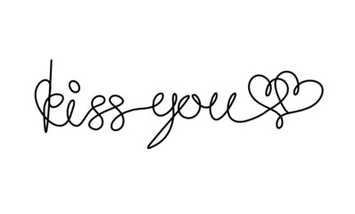 Calligraphic inscription of word "kiss you" as continuous line drawing on white  background. Vector