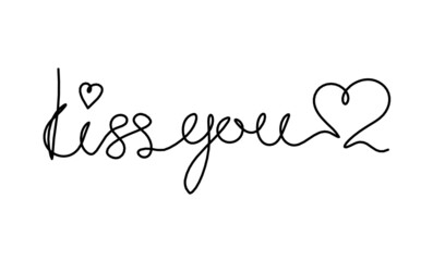 Calligraphic inscription of word "kiss you" as continuous line drawing on white  background. Vector