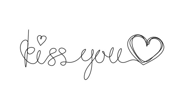 Calligraphic inscription of word "kiss you" as continuous line drawing on white  background. Vector