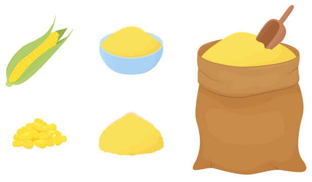 Corn yellow flour heap in  sack and bowl isolated on white. Baking Ingredient for dough. Healthy organic food.