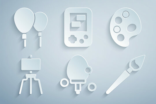 Set Racket, Palette, Wood easel, Paint brush, Tetris electronic game and Balloons icon. Vector