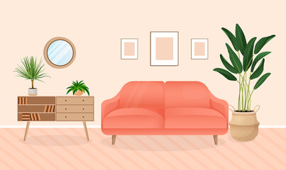 Modern living room interior with furniture and house plants. Design of a cozy room with a sofa and home decor items. Restroom. Vector flat style illustration.