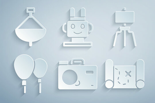 Set Photo camera, Wood easel, Balloons, Pirate treasure map, Robot toy and Whirligig icon. Vector