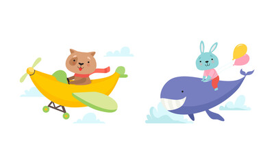 Cute Dog Flying in Banana Helicopter and Hare on Back of Whale Vector Set