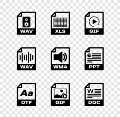 Set WAV file document, XLS, GIF, OTF, and DOC icon. Vector
