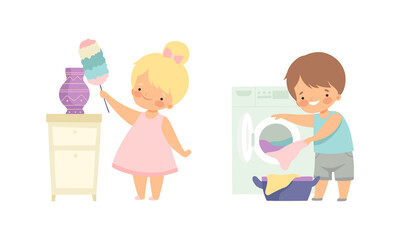 Cute Boy and Girl Doing Housework and Housekeeping Dusting Shelf and Doing Laundry Vector Set
