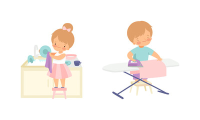 Cute Boy and Girl Doing Housework and Housekeeping Ironing Clothing and Washing the Dishes Standing on Stool Vector Set