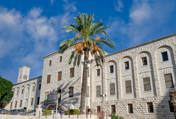 The building of the Museum Of Ancient Nazareth and the bell tower of the St. Joseph's Church, Nazareth, Israel.