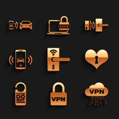 Set Digital door lock with wireless, Lock VPN, Cloud interface, Heart keyhole, Please not disturb and Smart car alarm system icon. Vector