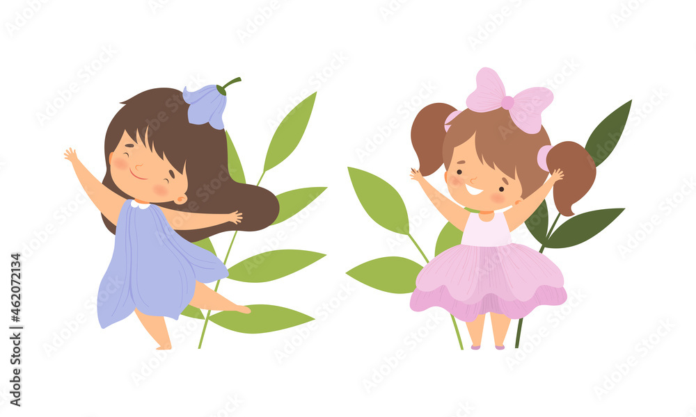 Sticker Cute Little Kids Wearing Flower Costume Vector Set