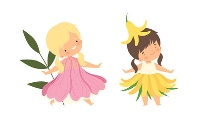 Cute Little Kids Wearing Flower Costume Vector Set