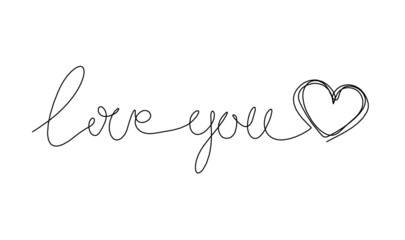 Calligraphic inscription of word "love you" with hearts as continuous line drawing on white  background. Vector