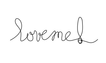 Calligraphic inscription of word "love me" as continuous line drawing on white  background. Vector