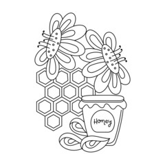 Honey coloring book page for kids. Hand drawn doodle vector design elements . Black and white illustrations.