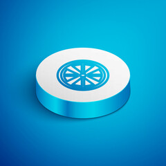 Isometric line Alloy wheel for a car icon isolated on blue background. White circle button. Vector