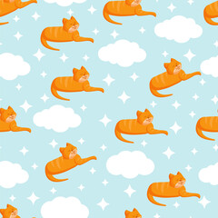 Seamless texture with ginger cat, clouds and stars for textile, fabric. Vector illustration of the pattern.