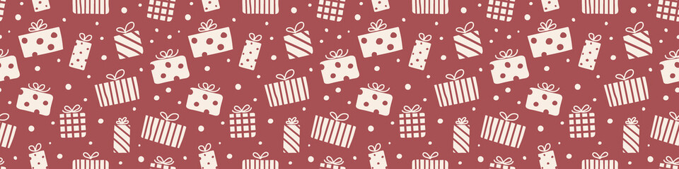 Christmas pattern with hand drawn present boxes. Xmas wrapping paper concept. Banner. Vector