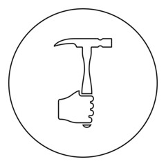 Hammer in hand holding tool use Arm using Working concept icon in circle round black color vector illustration solid outline style image