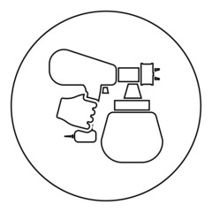 Spray gun holding in hand Sprayer using Arm use tool atomizer pulverizer icon in circle round black color vector illustration solid outline style image