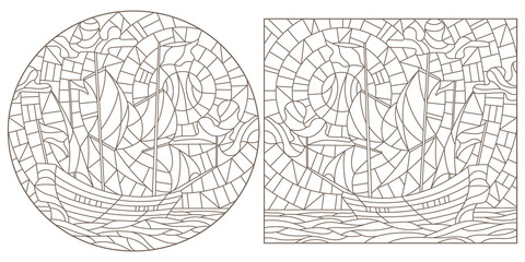 Obraz premium A set of contour illustrations of stained glass Windows with old sailing ships, dark contours on a white background