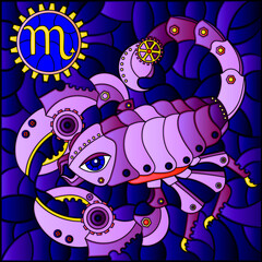 Illustration in the style of a stained glass window with an illustration of the steam punk sign of the horoscope scorpio, tone blue