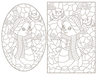 Set of contour illustrations of stained glass Windows on the theme of winter holidays with snowmans, dark outlines on a white background