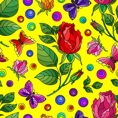 Seamless pattern with rose flowers and butterflies, bright flowers and insects on a yellow background