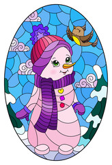 An illustration in the style of a stained glass window on the theme of winter holidays, a cheerful cartoon snowman in a hat and scarf, against the background of a winter morning landscape