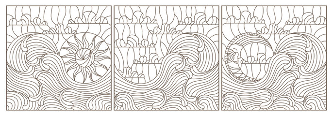 A set of contour illustrations in the style of stained glass with seascapes, dark contours on a white background