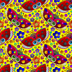 Naklejka premium Seamless pattern with ladybugs and flowers, insects on a yellow background