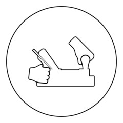 Jointer jack plane in hand holding tool use Arm using instrument with wood icon in circle round black color vector illustration solid outline style image