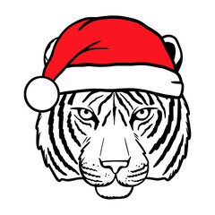 Tiger in Christmas hat. New Year's and Christmas. Santa Claus. Symbol 2022. Vector illustration. Isolated on white background. Good for posters, t shirts, postcards.