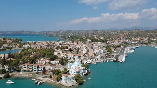 Aerial view over Porto Cheli, a summer resort town in the municipality of Ermionida in the southeastern part of Argolis, Greece