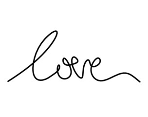 Calligraphic inscription of word "love" and hearts as continuous line drawing on white  background. Vector