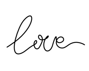 Calligraphic inscription of word "love" and hearts as continuous line drawing on white  background. Vector