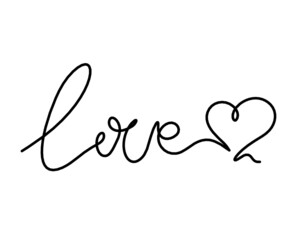 Calligraphic inscription of word "love" and hearts as continuous line drawing on white  background. Vector