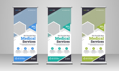 Medical healthcare service marketing roll up or x banner template design with modern abstract background, hospital logo & icon. Doctor, dentist, dental or health business rack card, poster & flyer.   