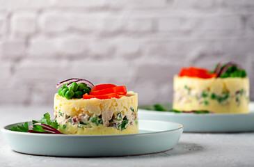 Causa stuffed with chicken. A traditional Peruvian dish.