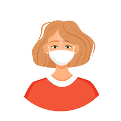Avatar of a blonde woman and wearing a mask to protect against coronavirus, flu, air pollution, viruses and disease. Portrait of a young girl. Vector illustration of a face.