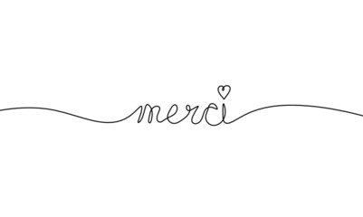 Calligraphic inscription of word "merci" as continuous line drawing on white  background. Vector
