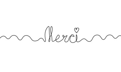 Calligraphic inscription of word "merci" as continuous line drawing on white  background. Vector