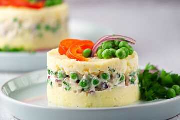 Causa stuffed with chicken. A traditional Peruvian dish.