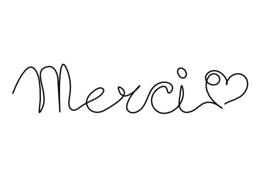 Calligraphic inscription of word "merci" as continuous line drawing on white  background. Vector