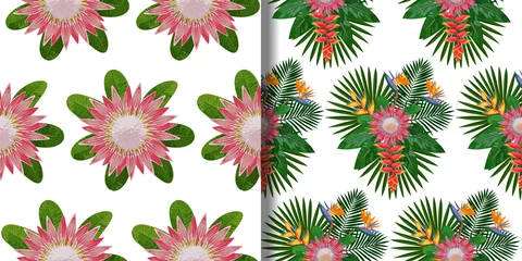 Fototapeten Tropical Bouquet seamless patterns set for textile prints © kronalux