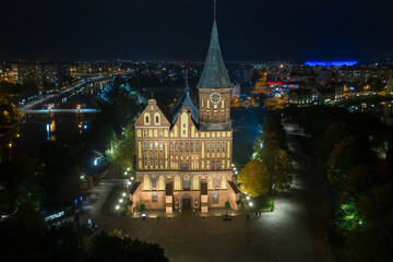 Aerial view of the Cathedral in the city center of Kaliningrad at night, night cityscape, Immanuel Kant island.