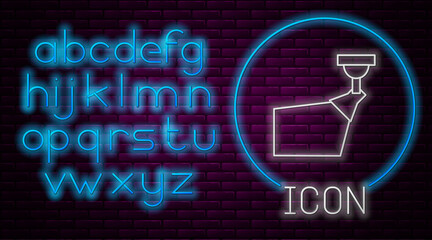 Glowing neon line Movie spotlight icon isolated on brick wall background. Light Effect. Scene, Studio, Show. Neon light alphabet. Vector