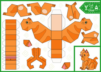Kids craft 3d paper game. Cut and glue a cat. Activity page and worksheet for children. Cutout cartoon toy cartoon animal puzzle. Vector illustration.