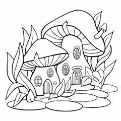 Coloring book houses mushroom. Kids cute cartoon drawing fairy house in forest. Activity page and worksheet for children. Vector illustration.